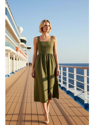 Benerly Kadın Kare Yaka Kalın Askılı Midi Elbise Poplin Kalıp Fonksiyonel Şık