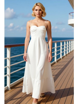 Benerly Kadın Ince Askılı Kalp Yaka A Kesim Dokuma Maxi Elbise Fonksiyonel