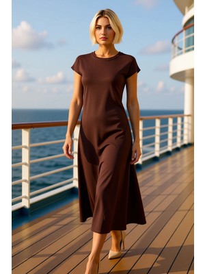 Benerly Kadın Bisiklet Yaka Ay Kol Maxi Örme Elbise Fonksiyonel Dayanıklı Kaliteli Konforlu Modern