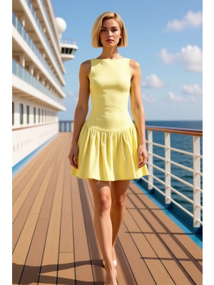 Benerly Kadın Kayık Yaka Kolsuz Gabardin Skater Kalıp Mini Elbise Fonksiyonel Dayanıklı %100 Pamuk