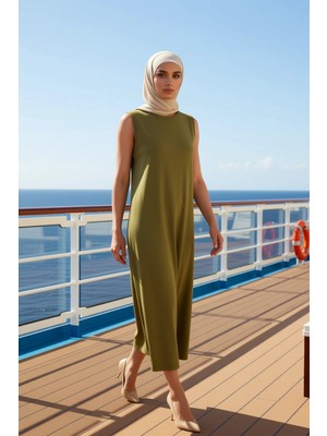 Benerly Kadın Bisiklet Yaka Kolsuz Maxi Elbise Shift Kalıp Fonksiyonel Dayanıklı Modern %100 Pamuk