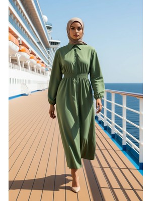 Benerly Kadın Yaka Balon Kol Maxi Elbise Düz Desen Skater Kalıp Dokuma Kumaş Fonksiyonel Şık