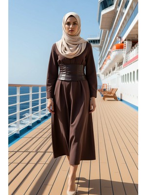 Benerly Kadın V Yaka Standart Kol Düz Desen Dokuma Kumaş Skater Kalıp Maxi Elbise Fonksiyonel Spor