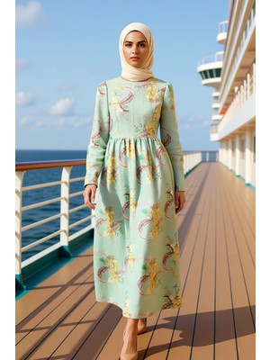 Benerly Kadın Bisiklet Yaka Standart Kol Uzun Kol A Line Kalıp Çiçekli Dokuma Elbise