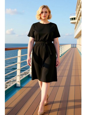 Benerly Kadın Büyük Beden Bisiklet Yaka Kısa Kol Düz Desen Örme Elbise Fonksiyonel Spor %100 Pamuk