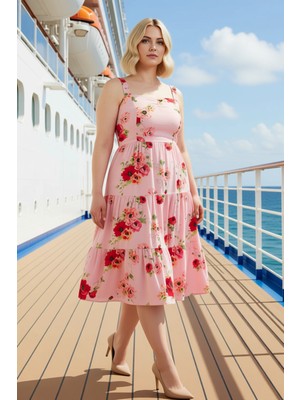 Benerly Kadın Büyük Beden Kalp Yaka Kolsuz Çiçekli Midi Dokuma Elbise Fonksiyonel Spor