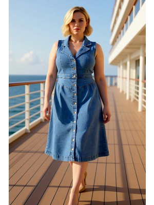 Benerly Kadın Büyük Beden Ceket Yaka Kolsuz Denim Elbise Midi Boy Düz Desen Şık