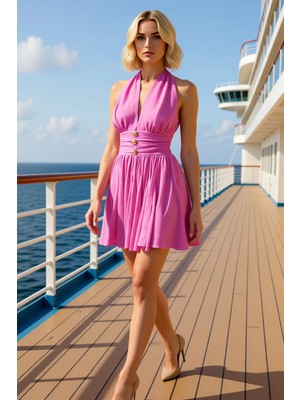 Benerly Kadın Boyundan Bağlamalı Kolsuz Skater Kalıp Mini Elbise Düz Desenli 99 Karakter Dayanıklı