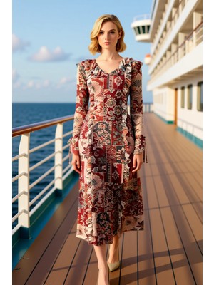 Benerly Kadın V Yaka Uzun Kol A Line Kalıp Örme Elbise Etnik Desenli Fırfırlı Maxi Boy Fonksiyonel