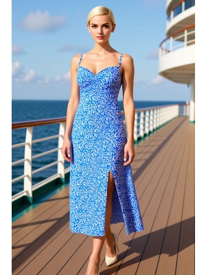 Benerly Kadın Kalp Yaka Ince Askılı Kolsuz Çiçekli Midi Dokuma Elbise A Kesim Kaliteli