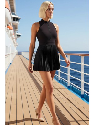 Benerly Kadın Halter Yaka Kolsuz Pliseli Shift Kalıp Micro Örme Spor Elbise Fonksiyonel Dayanıklı Şık