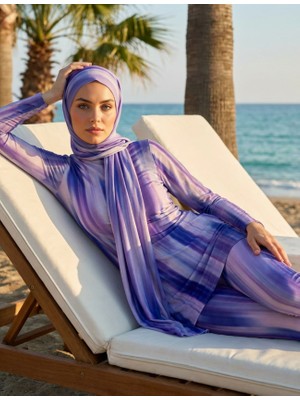 Qymos Prive Batik Desenli Güneş Geçiren & Bronzlaştıran Hava Geçirgen Bone ve Eşarplı Tesettür Mayo