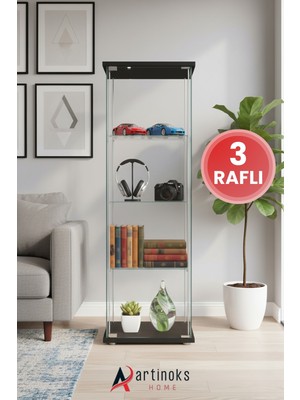 3 Raflı Cam Vitrin Dolap Gümüşlük Koleksiyon Sergi Kitaplık Kapaklı Büfe Mutfak Raflı Vitrin Detolf