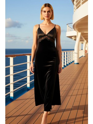 Benerly Kadın V Yaka Ince Askılı Maxi Kadife Elbise Fonksiyonel Dayanıklı Kaliteli Konforlu Modern