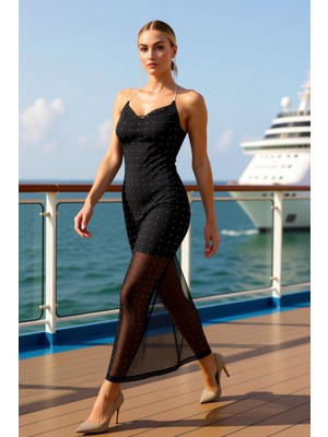 Benerly Kadın Degaje Yaka Ince Askılı Kolsuz Taş Baskılı Tül Maxi Elbise Şık