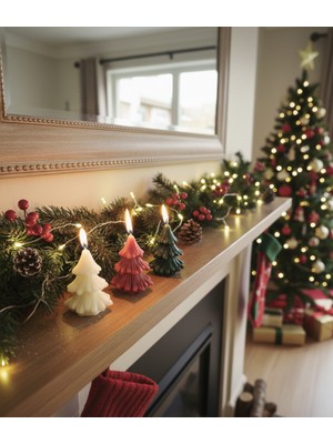 Artepieza Üçlü Yılbaşı Temalı Figürlü Mini Ağaç Mum Seti-Soya Wax Çam Ağacı Şekilli Yılbaşı Dekoratif Mum 6*3.5 cm