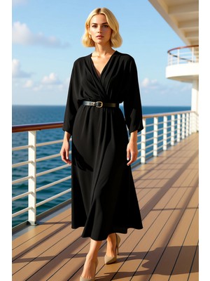 Benerly Kadın Kruvaze Yaka Yarasa Kol Midi Elbise Düz Desen Fonksiyonel Dayanıklı Şık