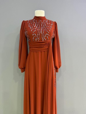 Miss Elegans Şifon Taşlı Işlemeli Kiremit Tesettür Abiye