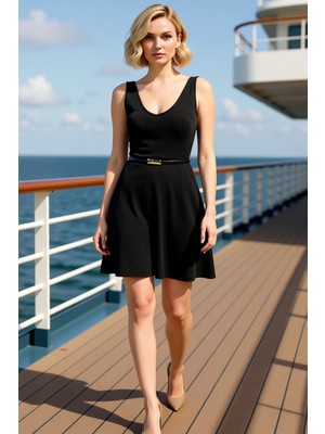 Benerly Kadın V Yaka Kolsuz Skater Kalıp Mini Elbise Dayanıklı