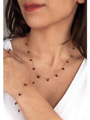 Doğan Diamond 925 Ayar Gümüş - Altın Kaplama 18 Ct Yarı Değerli Doğal Granat Damla Taşlı Set Kolye ve Bileklik - Collezione Di Granati Boemi