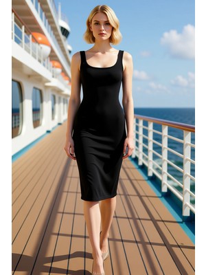 Benerly Kadın Kare Yaka Kolsuz Bodycone Midi Örme Elbise Fonksiyonel Estetik