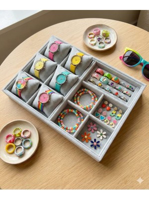 Organizatör Özer3 Gri Süet Tabla Kolye & Yüzük Düzenleyici ve Gözlük(6 Yastık)(4 Bölmeli)(Rulo)