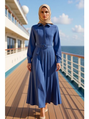 Benerly Kadın Gömlek Yaka Standart Kol Uzun Kol Kemerli Dokuma Elbise Fonksiyonel Şık