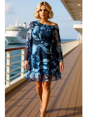 Benerly Kadın Büyük Beden Bisiklet Yaka Standart Kol Tül Örme Elbise Çiçekli Desenli Fonksiyonel Şık