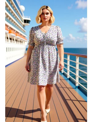 Benerly Kadın Büyük Beden V Yaka Kısa Kol Çiçek Desenli Örme Elbise Fonksiyonel Dayanıklı Kaliteli