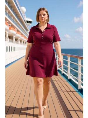 Benerly Kadın Büyük Beden Gömlek Yaka Kısa Kol Düz Desen Kaşkorse Elbise Fonksiyonel Dayanıklı Şık