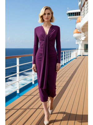 Benerly Kadın V Yaka Uzun Kol Büzgülü Maxi Örme Elbise Vücuda Oturan Kalıp Fonksiyonel Dayanıklı Şık