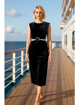 Benerly Kadın Bisiklet Yaka Kolsuz Bodycon Kadife Maxi Elbise Fonksiyonel Dayanıklı Kaliteli Rahat