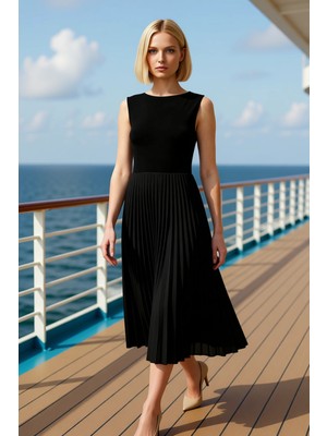 Benerly Kadın Kayık Yaka Kolsuz Pileli Midi Elbise Fonksiyonel Dayanıklı Şık