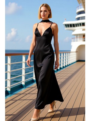 Benerly Kadın V Yaka Kolsuz Saten Dokuma Shift Kalıp Maxi Elbise Fonksiyonel Dayanıklı Kaliteli Şık