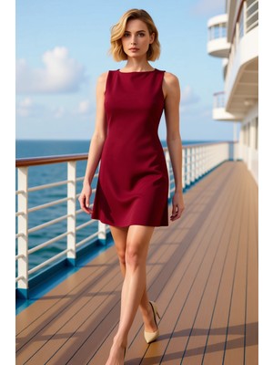 Benerly Kadın Bisiklet Yaka Kolsuz A Kesim Mini Dokuma Elbise Fonksiyonel