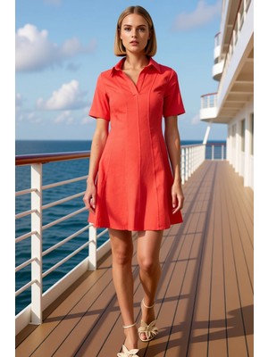 Benerly Kadın Gömlek Yaka Kısa Kol Mini Dokuma Elbise Fonksiyonel Dayanıklı Şık