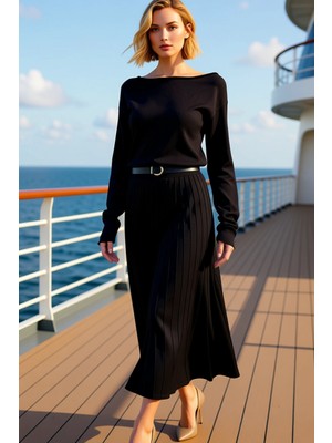 Benerly Kadın Kayık Yaka Uzun Kol Standart Kol A Line Triko Elbise Fonksiyonel Dayanıklı Kaliteli Şık