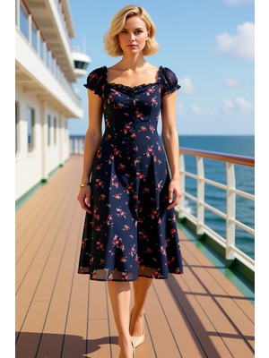 Benerly Kadın Midi Elbise Kalp Yaka Balon Kol A Line Kalıp Çiçekli Dokuma Şifon Şık