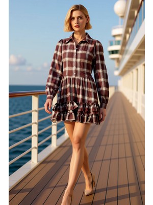 Benerly Kadın Gömlek Yaka Balon Kol Ekose Kareli Mini Dokuma Elbise Fonksiyonel Dayanıklı Kaliteli