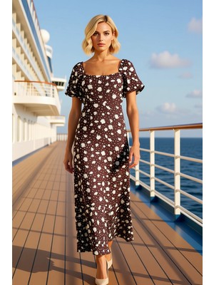 Benerly Kadın Kare Yaka Kısa Kol Balon Kol Maxi Dokuma Elbise Çiçekli Fonksiyonel Spor