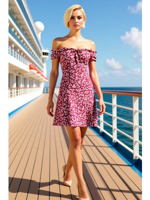 Benerly Kadın Carmen Yaka Düşük Kol Kısa Kollu Skater Kalıp Mini Örme Elbise