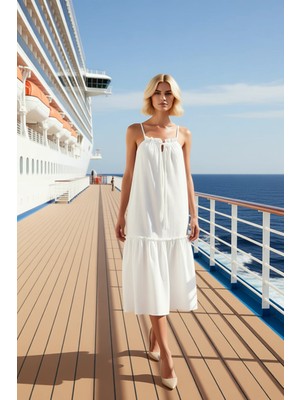 Benerly Kadın Midi Elbise Kare Yaka Ince Askılı Kolsuz Geniş Kesim Fonksiyonel Kaliteli %100 Pamuk