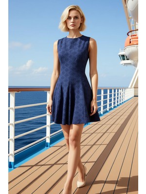 Benerly Kadın Bisiklet Yaka Kolsuz Mini Brode Dokuma Elbise Kalıp Skater Şık