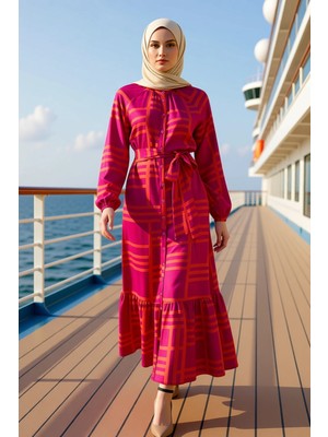 Benerly Kadın Yaka Standart Kol Gömlek Elbise Geometrik Desenli Maxi Boy Dokuma Rahat