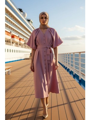 Benerly Kadın V Yaka Yarım Balon Kol Görünümlü Dokuma Gömlek Elbise Fonksiyonel Dayanıklı Şık