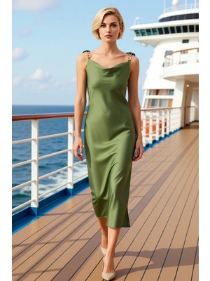 Benerly Kadın Degaje Yaka Ince Askılı Slip Kalıp Saten Dokuma Midi Elbise Aksesuar Detaylı Estetik