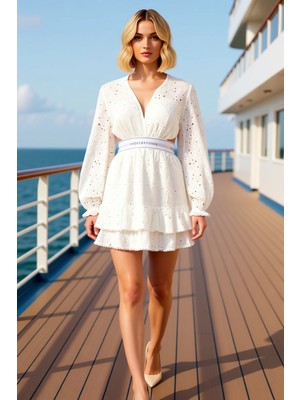 Benerly Kadın V Yaka Balon Kol Brode Mini Elbise Kalıp Skater Fonksiyonel Dayanıklı Şık %100 Pamuk