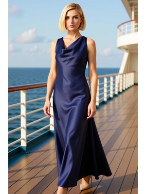 Benerly Kadın Degaje Yaka Kolsuz A Kesim Saten Maxi Elbise Dokuma Kumaş Fonksiyonel