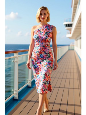 Benerly Kadın Asimetrik Yaka Tek Kol Puantiyeli Bodycon Midi Elbise Fonksiyonel Şık