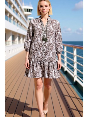 Benerly Kadın Yaka Balon Kol Truvakar Kol Dokuma Elbise Şal Desen Kısa Kalıp Spor %100 Pamuk